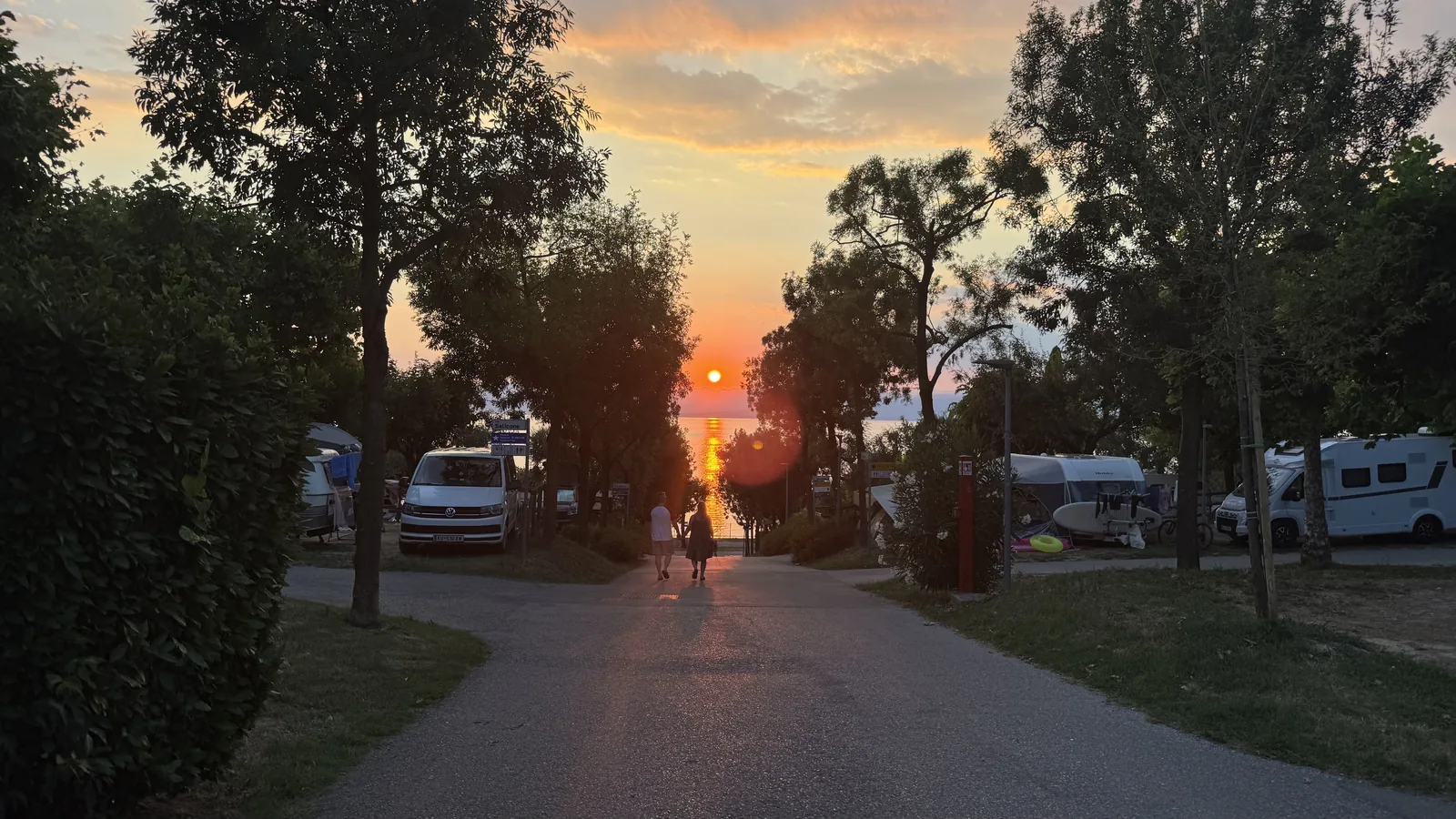 Stellplatzallee auf Camping Piani di Clodia, die zum Gardasee abfällt, mit tief stehender Sonne über dem Wasser