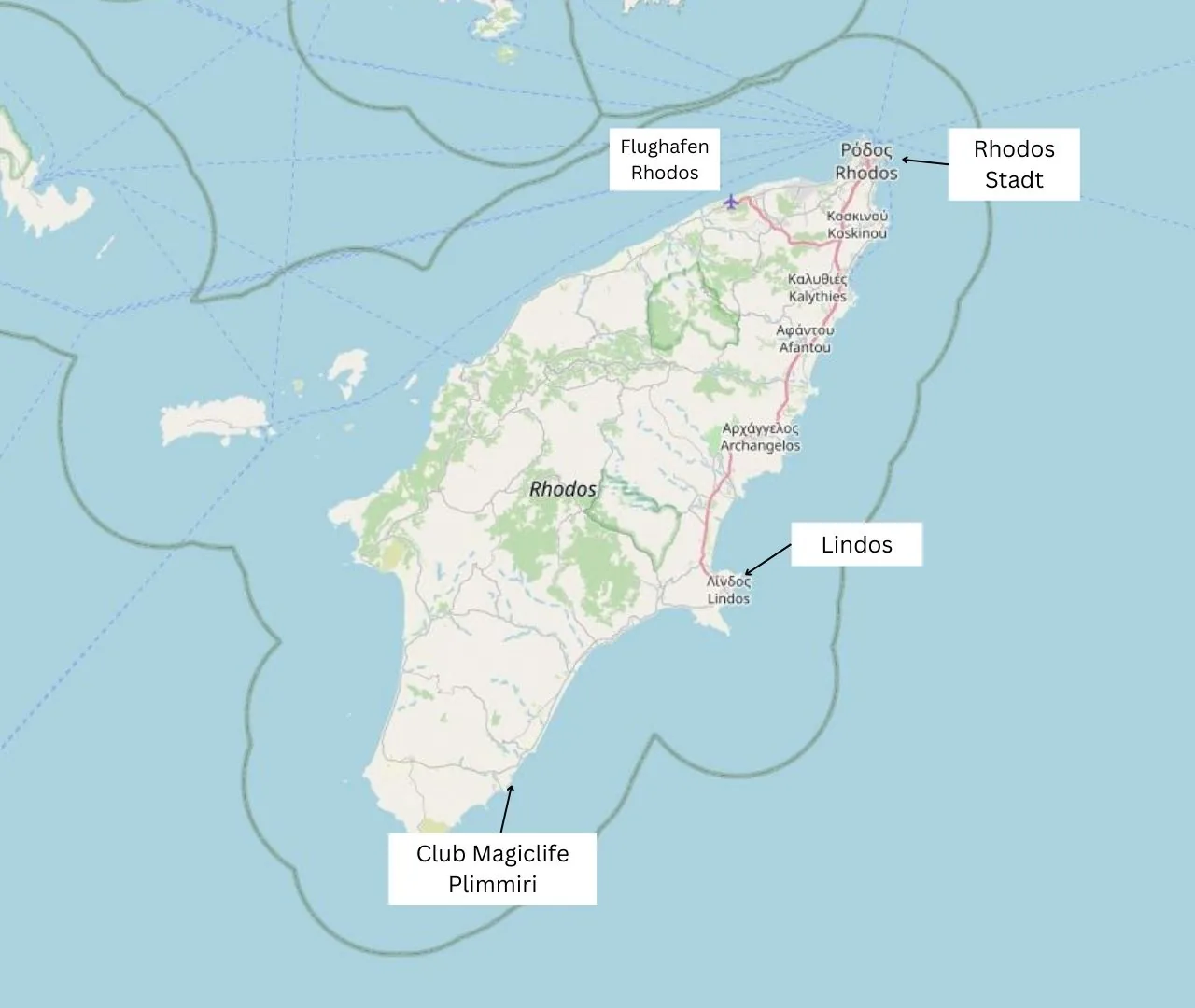 Karte der Umgebung mit dem Clubgelände am Strand von Plimmiri im Süden von Rhodos