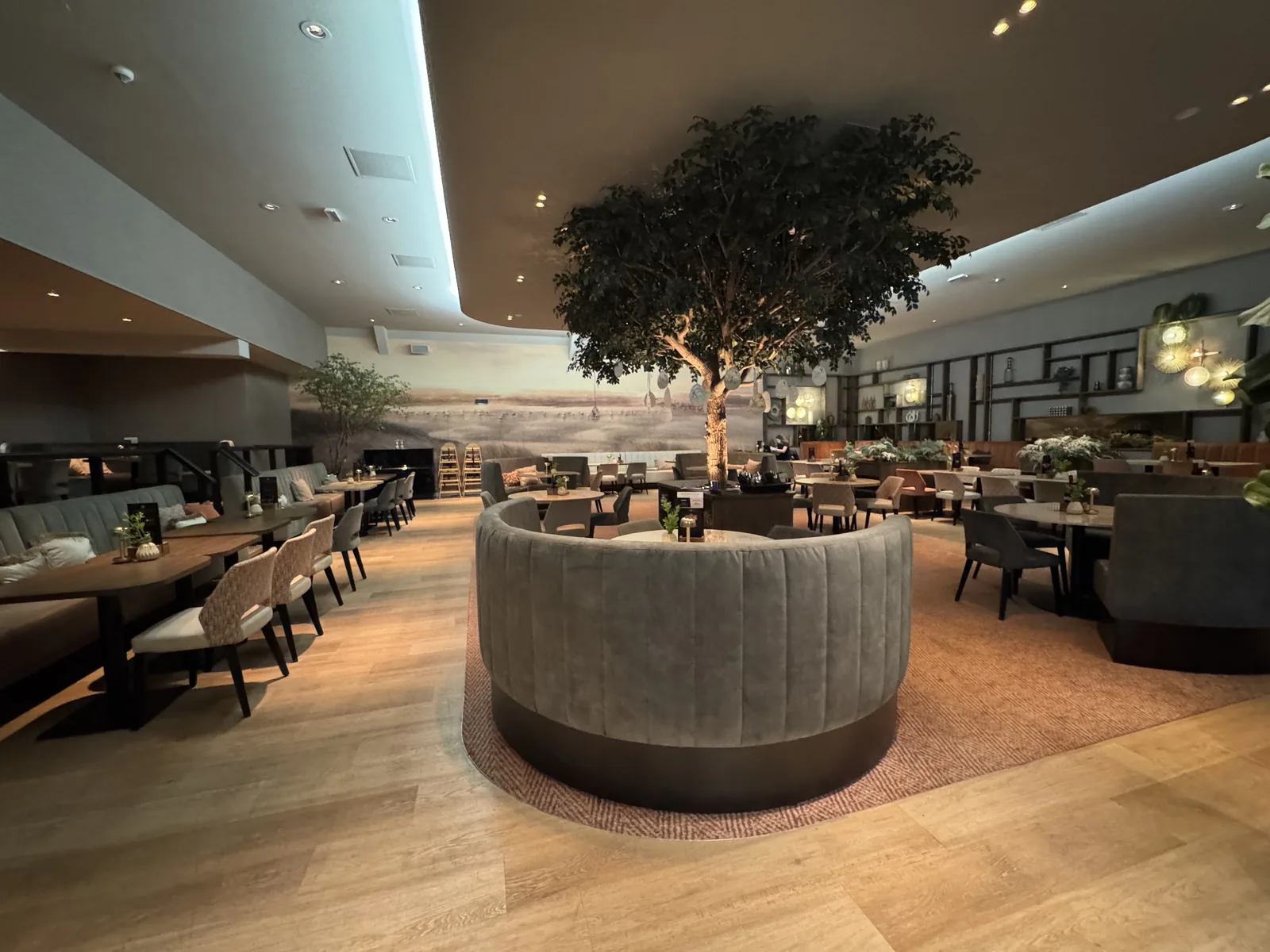 Restaurant im Ferienpark De Krim mit einem großen Baum in rundem Holzkübel als Mittelpunkt und langen Tischreihen