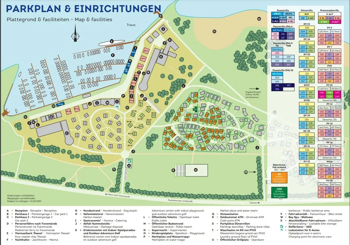 Lageplan und Parkplan des Landal Travemünde mit Appartements am Hafen und Ferienhäusern in Strandnähe