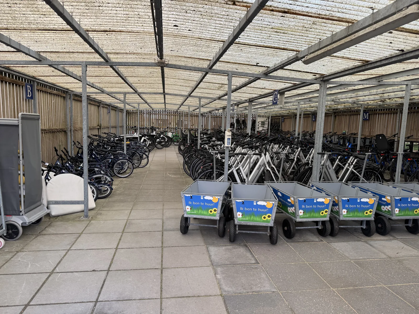 Große Halle des Fahrradverleihs mit dicht gereihten Leihrädern und Kinderanhängern