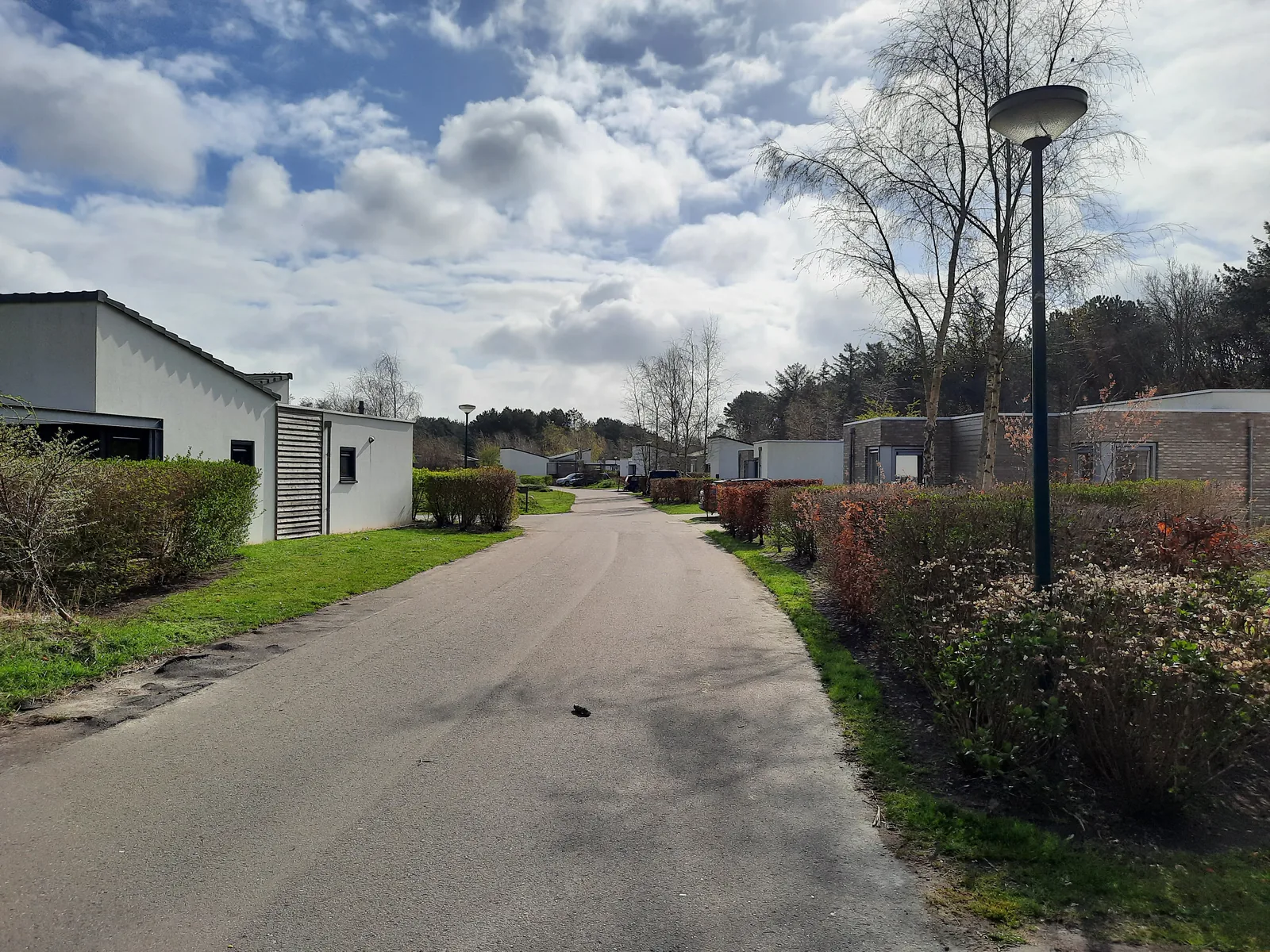 Asphaltierter Parkweg mit Laternen und flachen Bungalowzeilen im Kustpark Texel