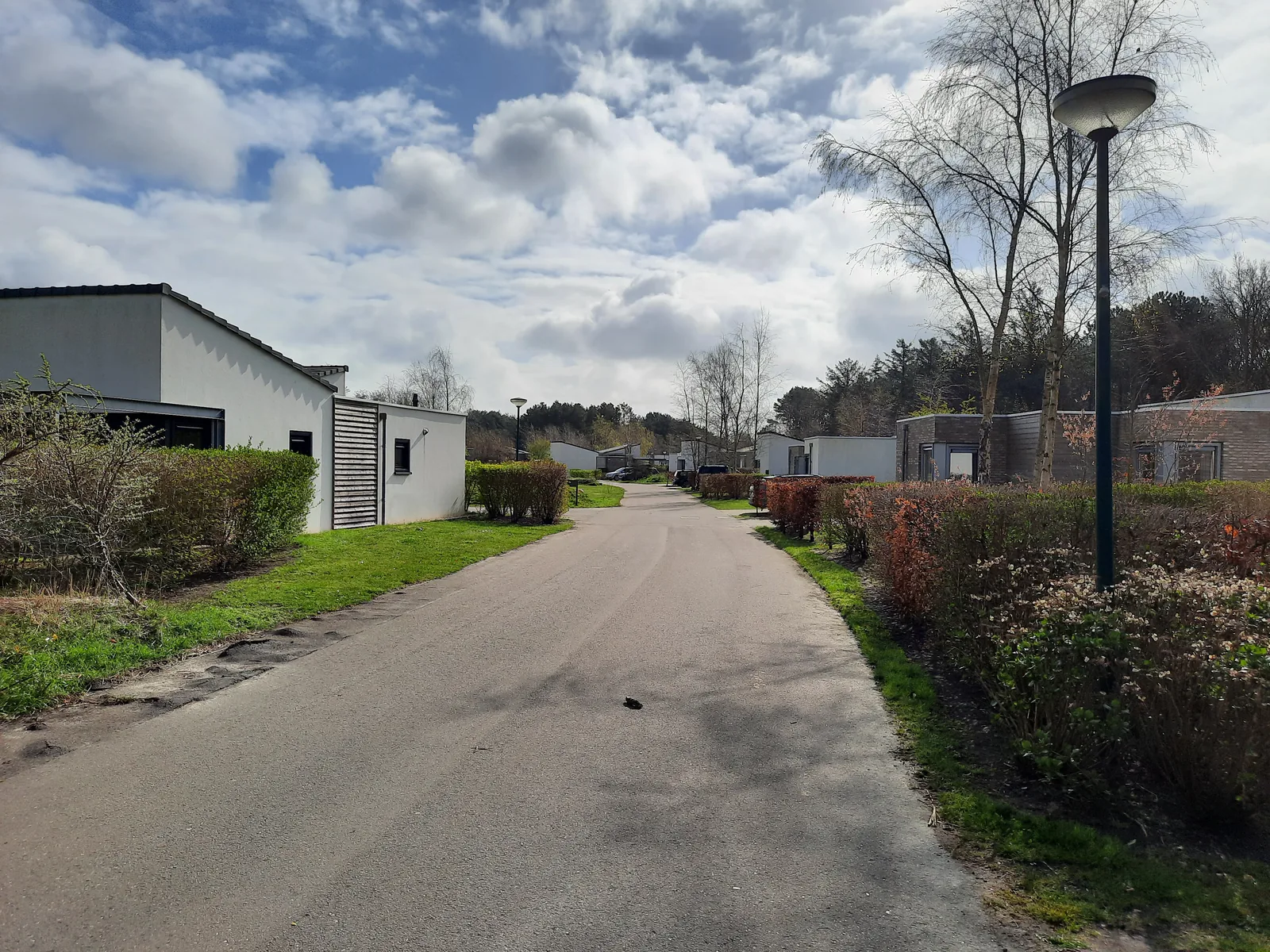 Parkweg mit Bungalowzeilen unter bewölktem Himmel im Kustpark Texel