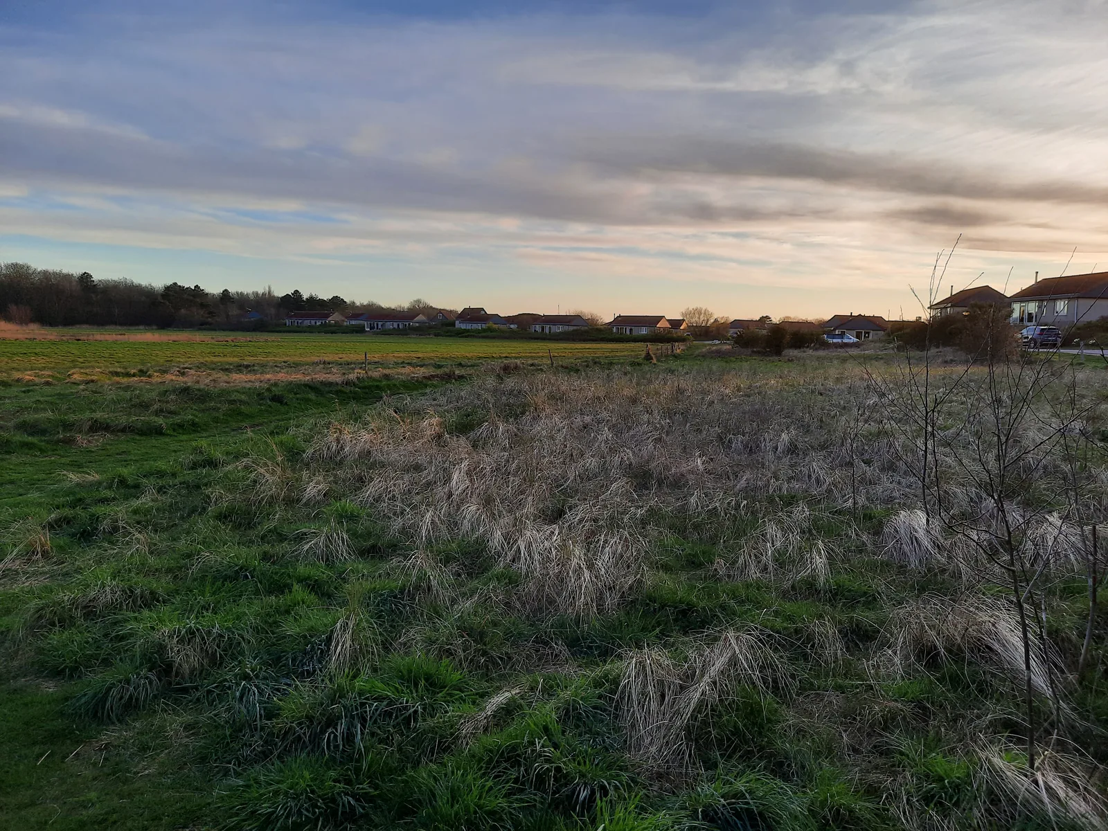 Weite Gras- und Dünenlandschaft am Landal Sluftervallei unter farbigem Abendhimmel, am Horizont eine Häuserzeile