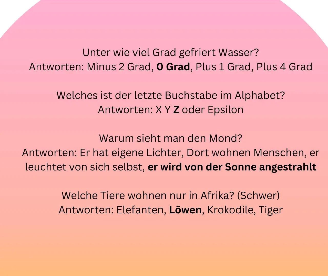 4 Quizfragen mit Lösung für Kinder ab 6 bis 8 Jahren zum Downloaden