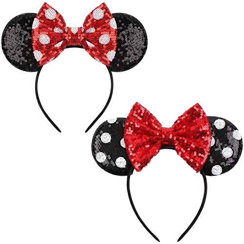 2 pcs Mouse Ears Stirnbänder Haarreif roter Schleife und weißen Punkten & Maus Ohren in schwarz für Kinder...