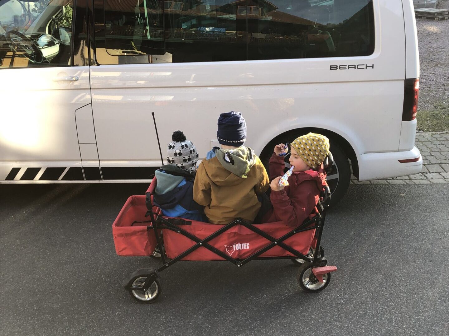 Drei Kinder im faltbaren Bollerwagen von Fuxtec