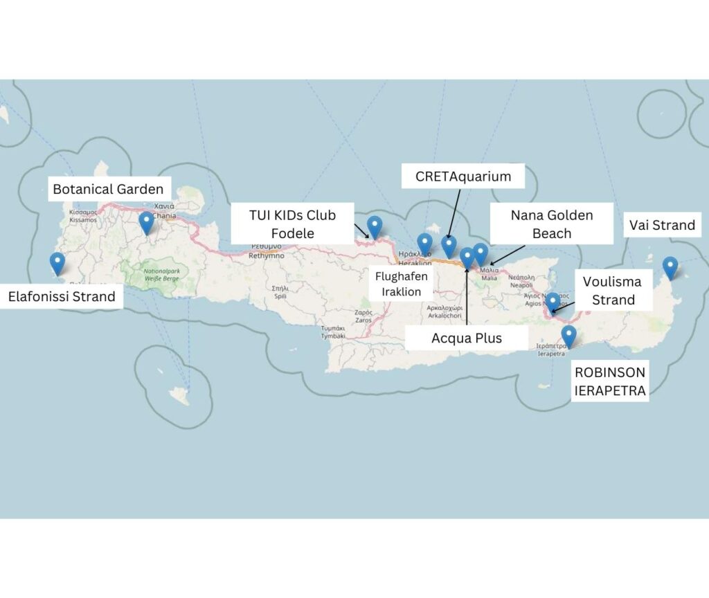 Kreta mit Kindern - Karte der besten Ausgflugsziele und Hotels