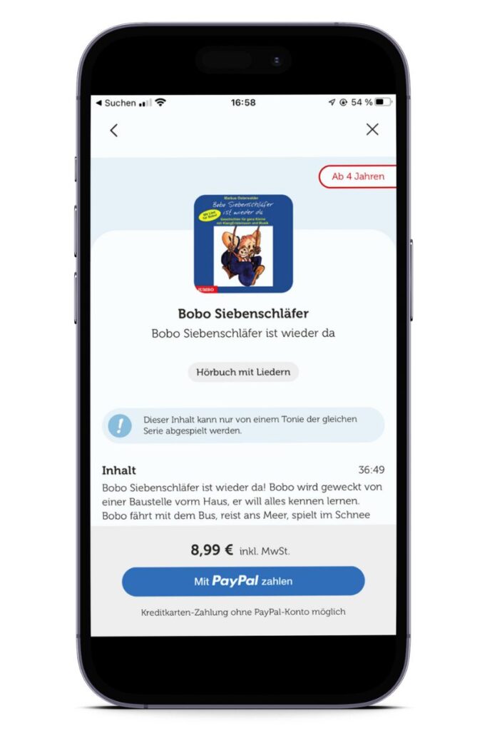 Die Toniebox App als Shop für neue Geschichten mit Paypal